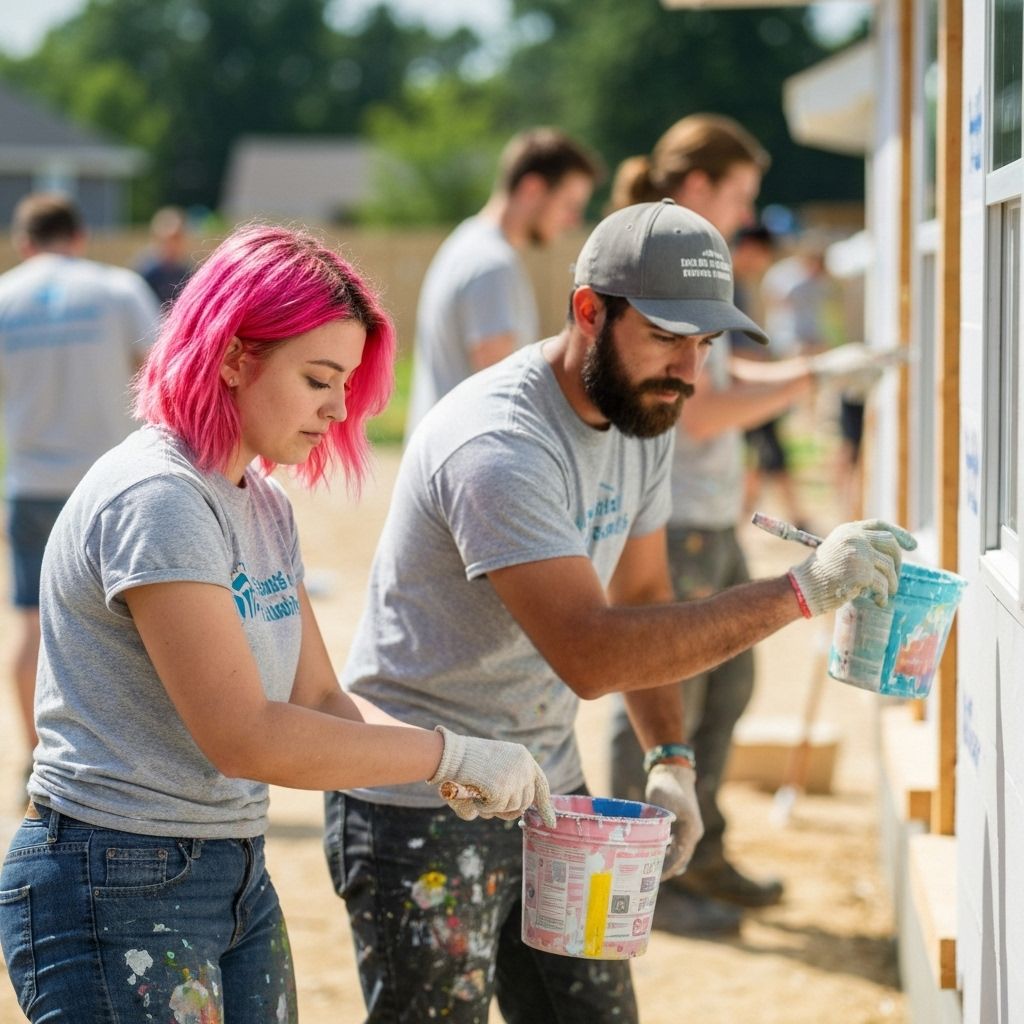 Team volunteering for community painting project