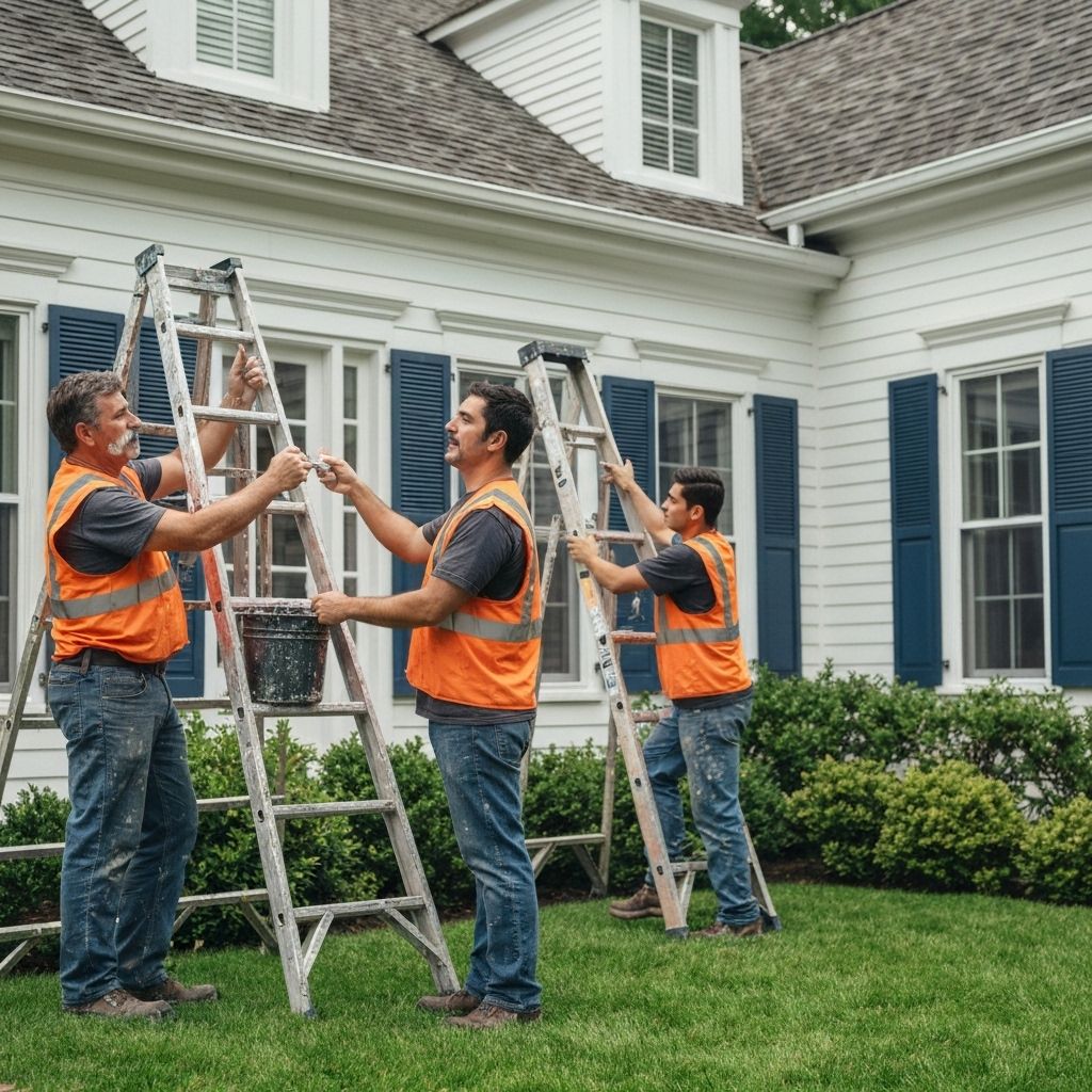 Professional painters working on home exterior